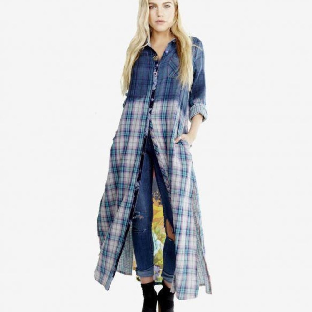 Aratta Plaid Duster / Long Shirt Dress - Blue Plaid with Satin Floral Back Panel
